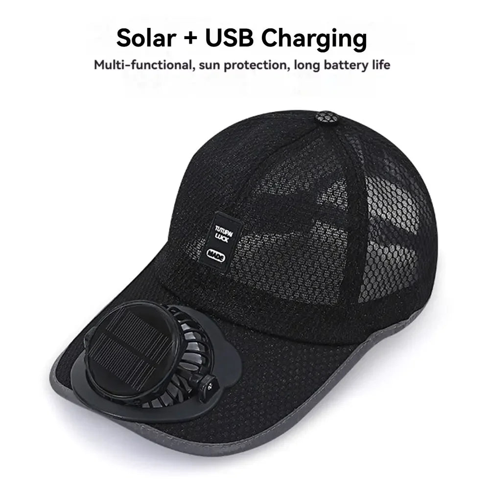 Solar Powered Cooling Cap with Fan Summer Breathable Mesh Sun Visor Hat Sun Protection Outdoor Hat USB Rechargeable Cooling Cap