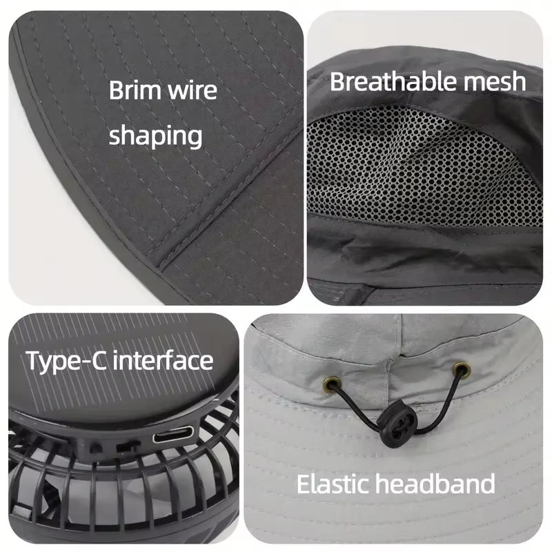 Mens Quick Dry Bucket Hat Large Size Sun Hat with Solar Powered Fan USB Rechargeable for Outdoor Hiking Camping Fishing Activity
